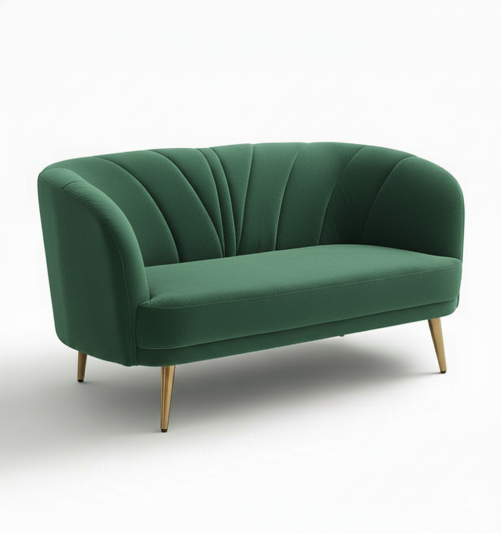 Green velvet curved loveseat with channel-tufted backrest and gold metal legs