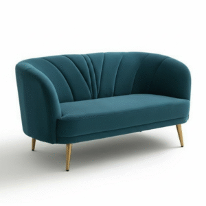 Teal velvet curved loveseat with sculpted tufting and gold metal legs