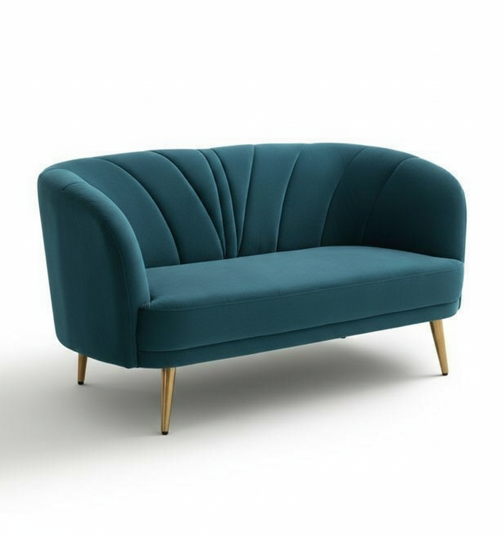 Teal velvet curved loveseat with sculpted tufting and gold metal legs