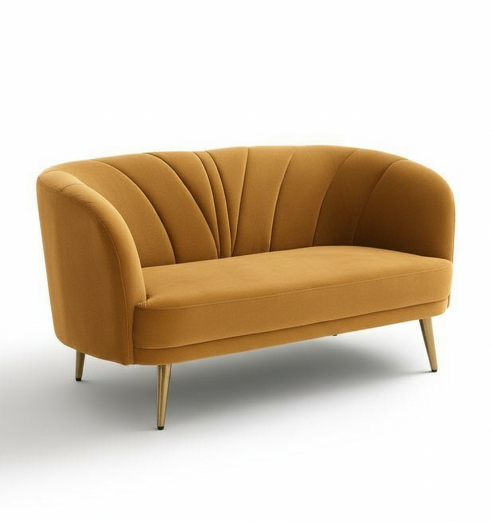 Mustard yellow velvet curved loveseat with modern tufting and gold legs