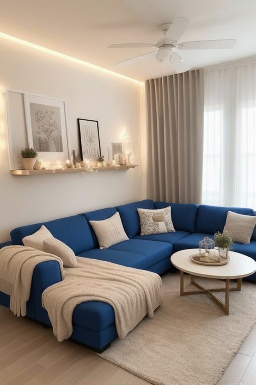 “Modern blue L-shaped sectional sofa in a cozy living room with beige décor and warm ambient lighting.”
