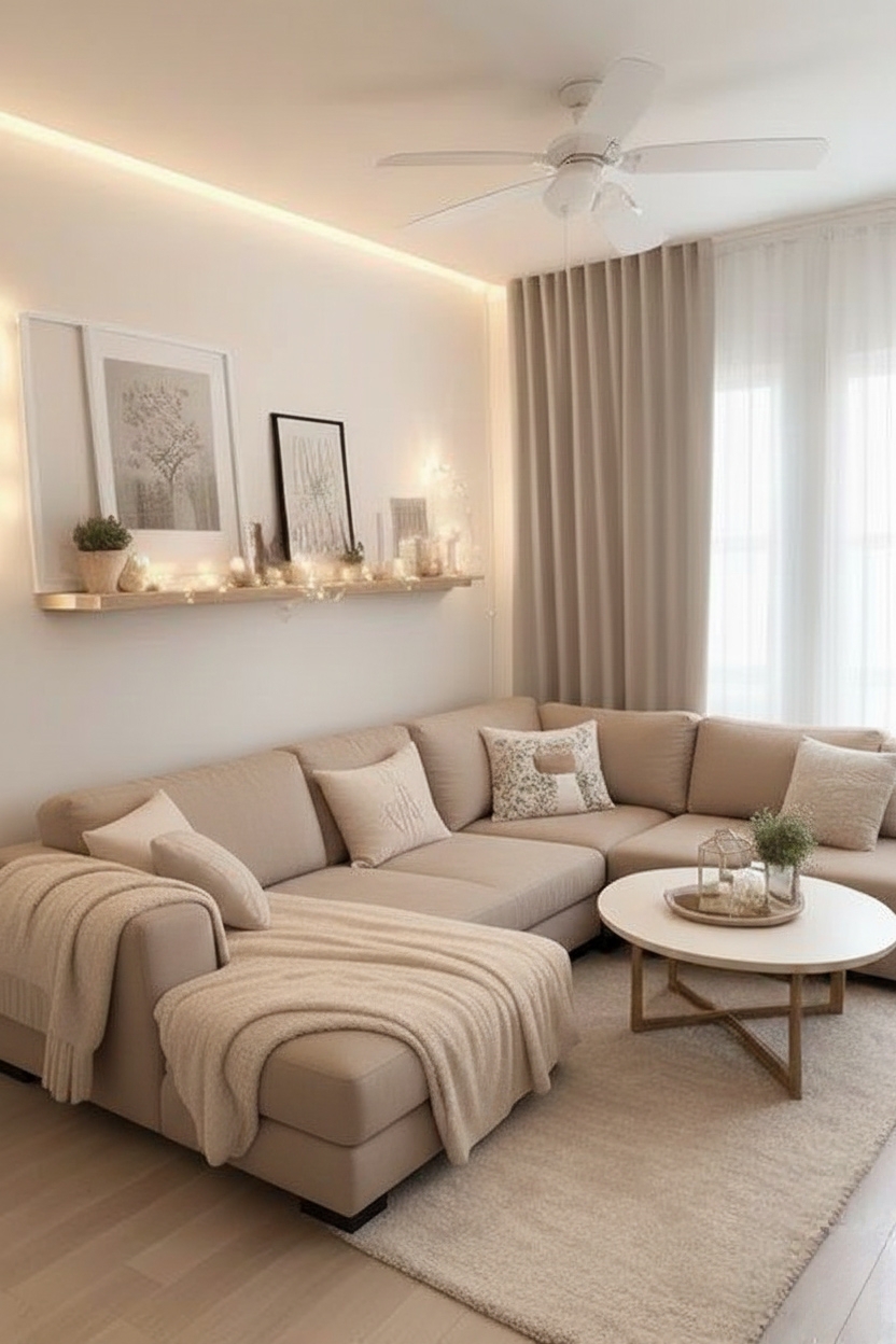 “Modern beige L-shaped sectional sofa with soft throws and neutral décor in a warm, minimalist living room.”