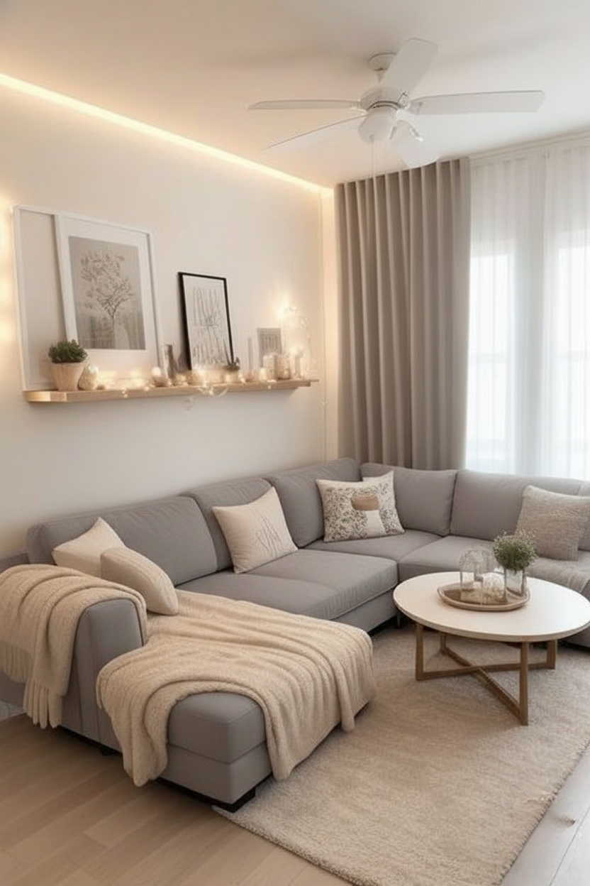 “Light grey L-shaped sectional sofa with cozy blankets and neutral décor in a softly lit living room.”