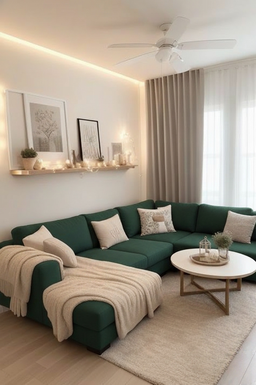 “Modern green L-shaped sectional sofa with beige throws and neutral décor in a cozy living room.”
