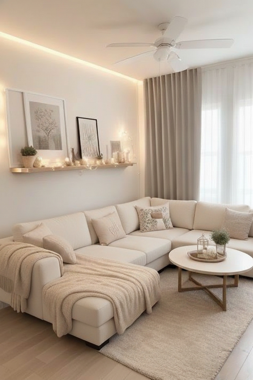 “Cream-colored L-shaped sectional sofa with soft throws and cozy décor in a bright, warm living room.”