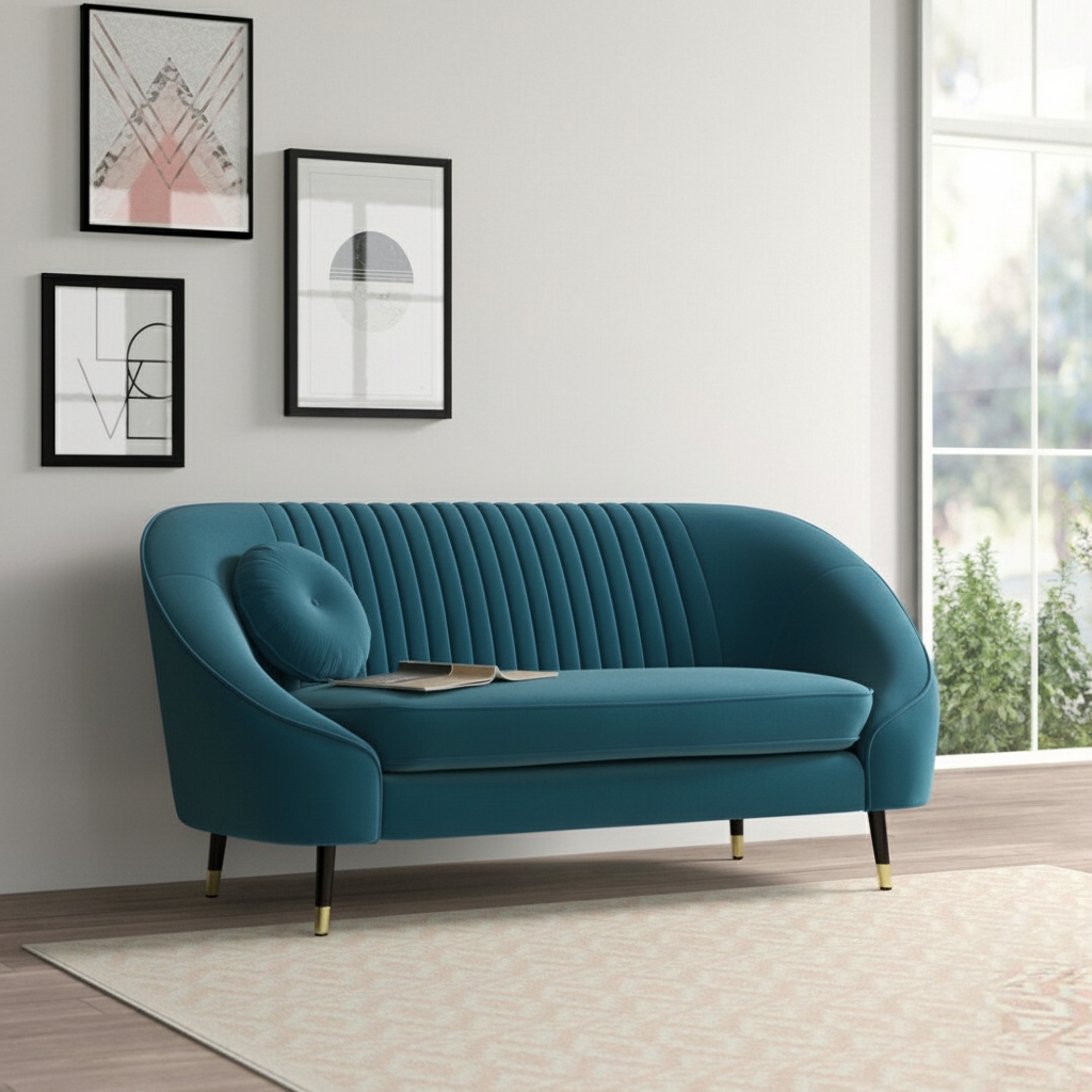 Teal velvet channel-tufted sofa with rounded backrest and modern tapered legs