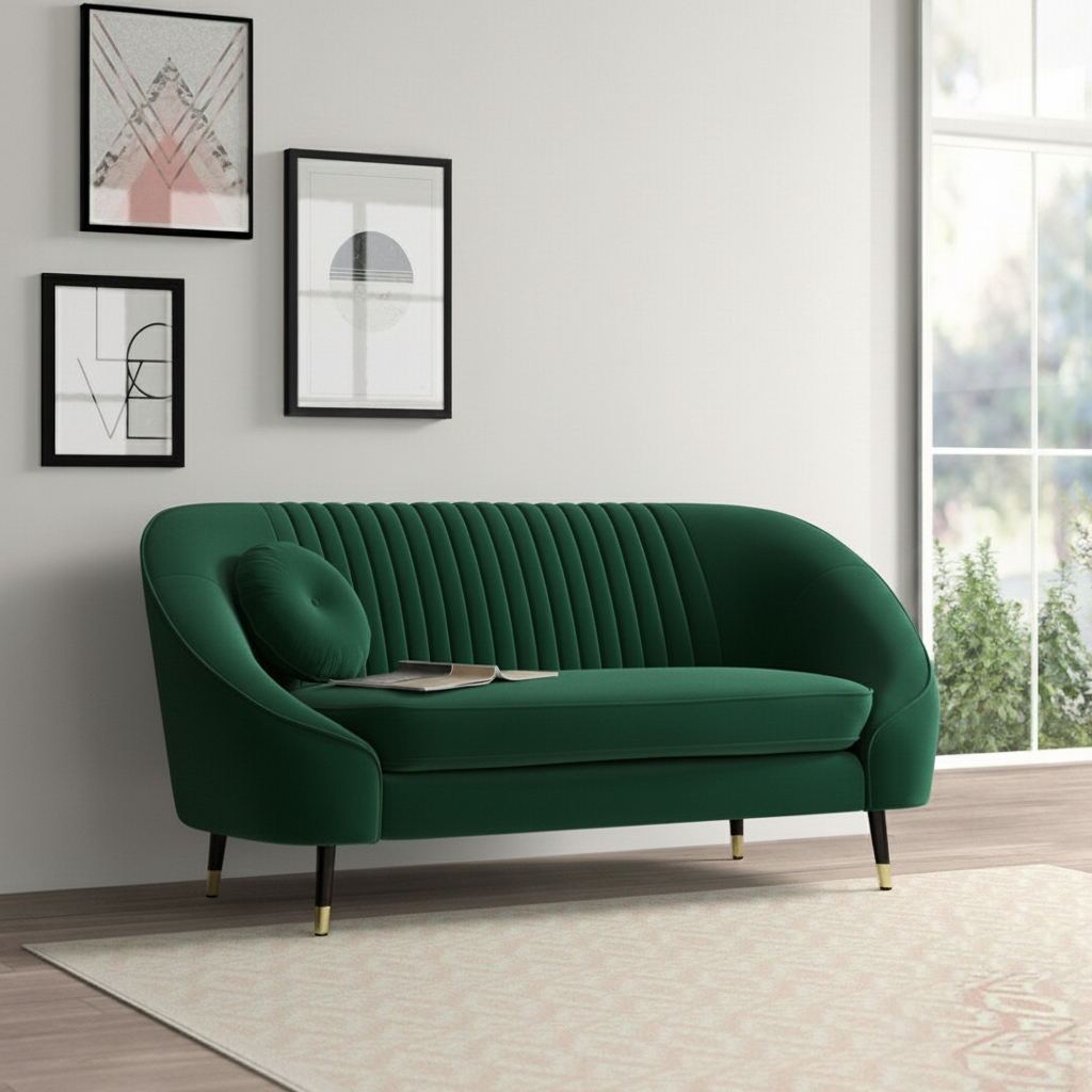 Emerald green velvet sofa with vertical channel tufting and curved silhouette