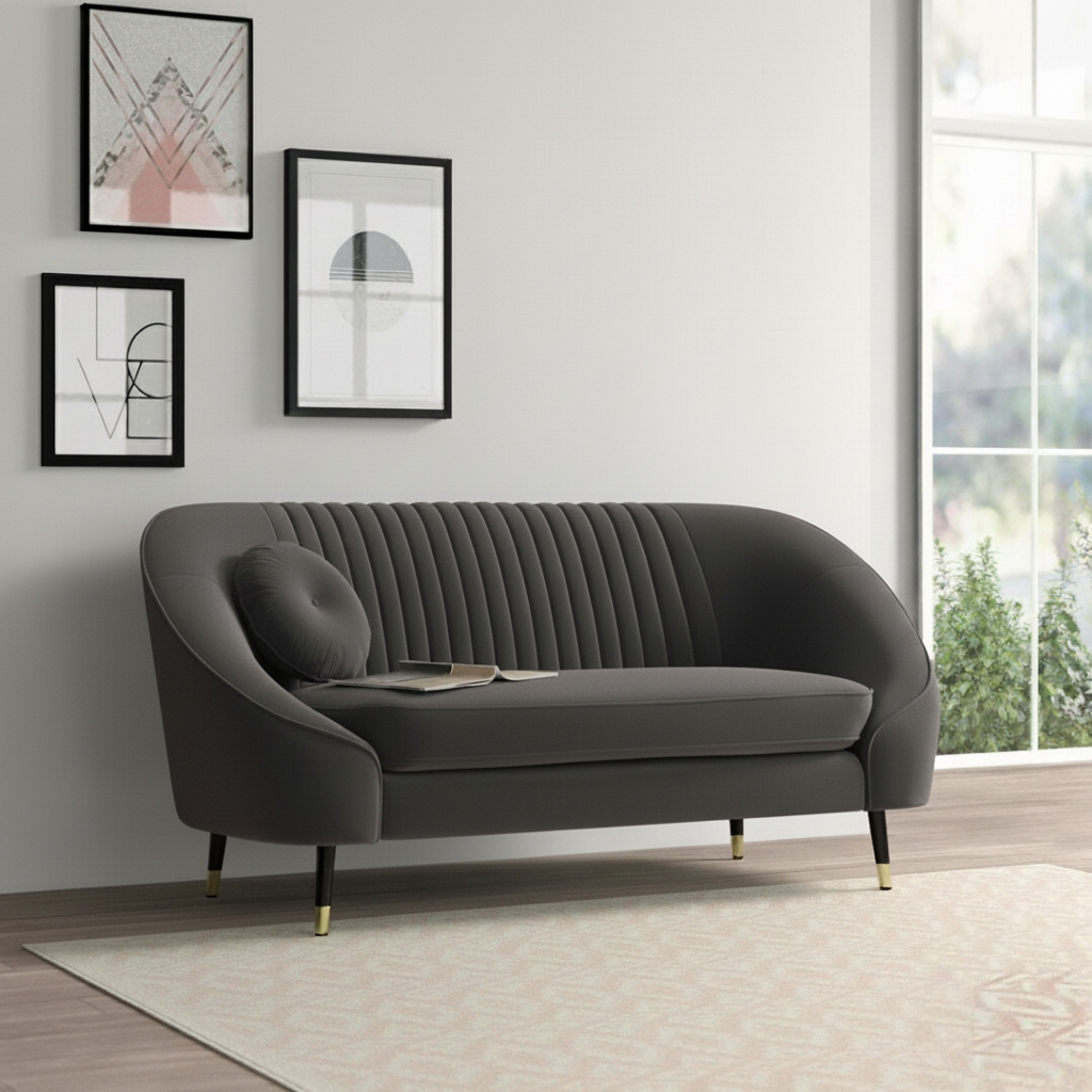 Charcoal grey velvet sofa with curved back and channel-tuffed detailing