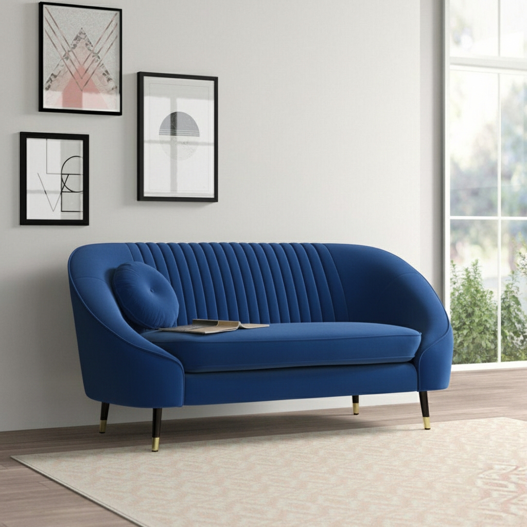 Royal blue velvet curved sofa with channel-tuffed backrest and gold-tipped legs