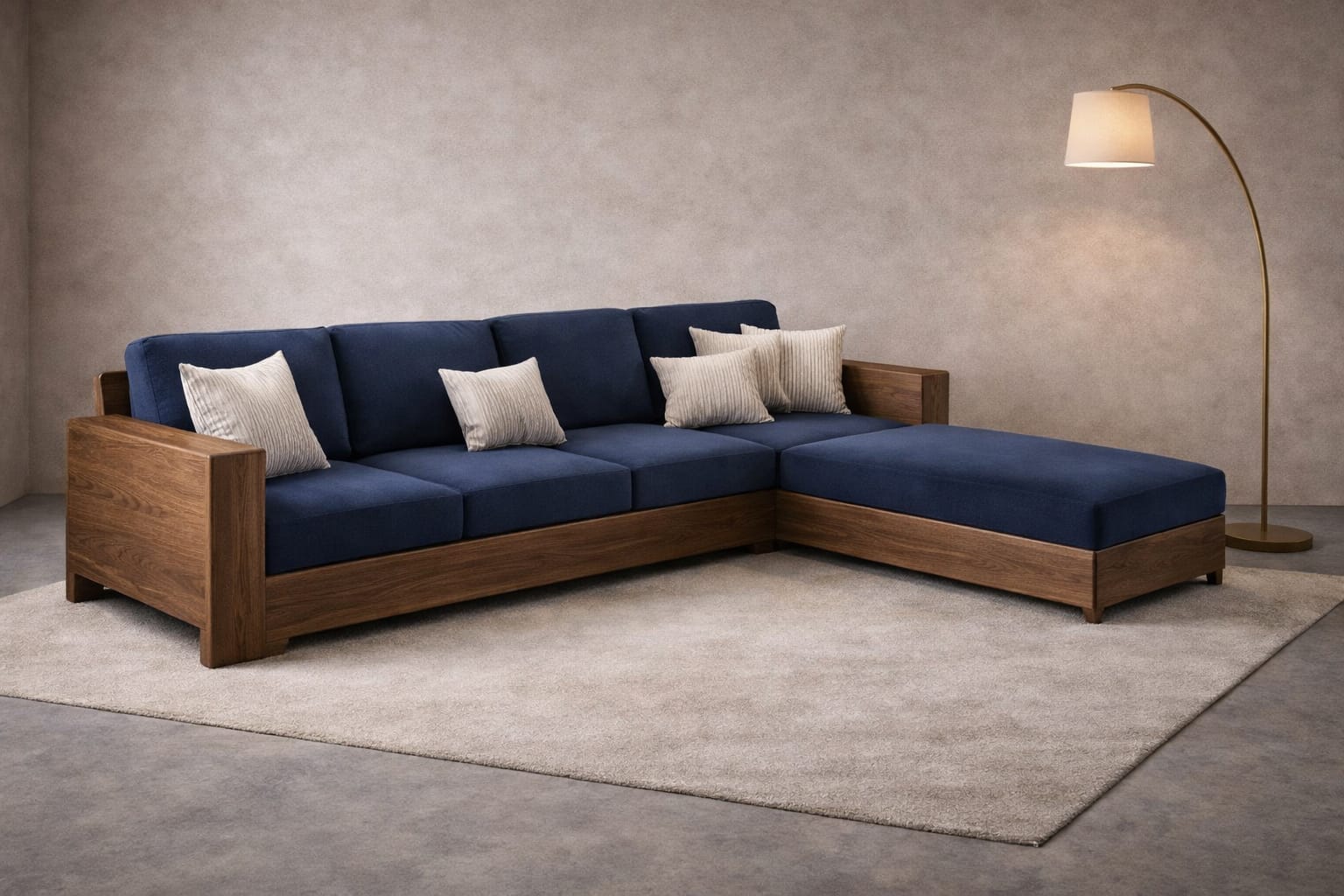 Royal Blue L-shaped wooden sectional sofa with striped cushions in a bright modern living room with large windows.