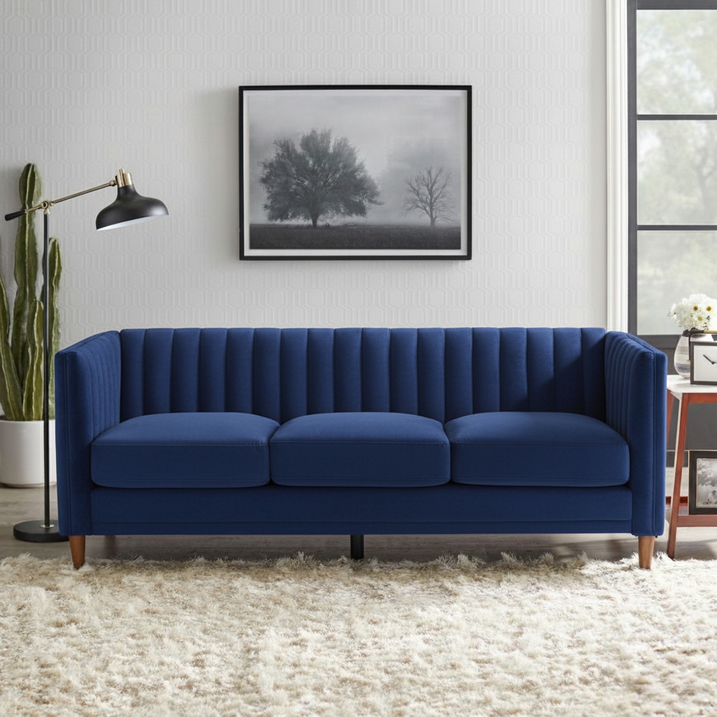 Royal blue vertical-tufted 3-seater sofa with wooden legs in a modern living room.