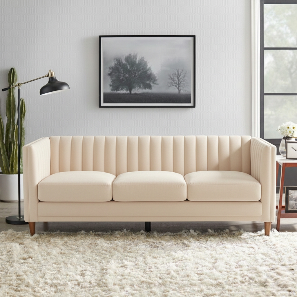 Cream vertical-tufted 3-seater sofa with clean lines and wooden legs in a bright living room.