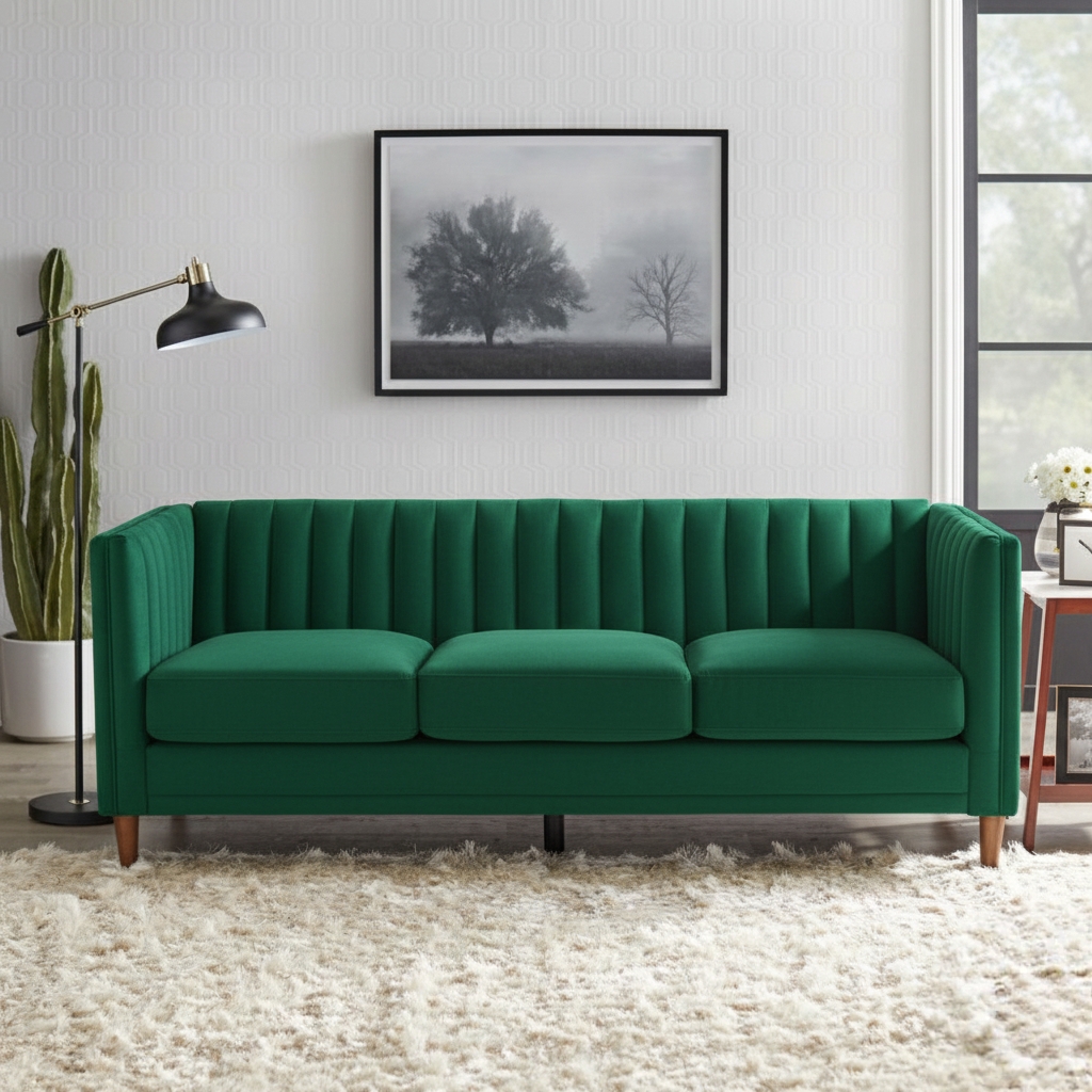 Emerald green vertical-tufted 3-seater sofa with wooden legs in a stylish contemporary room.