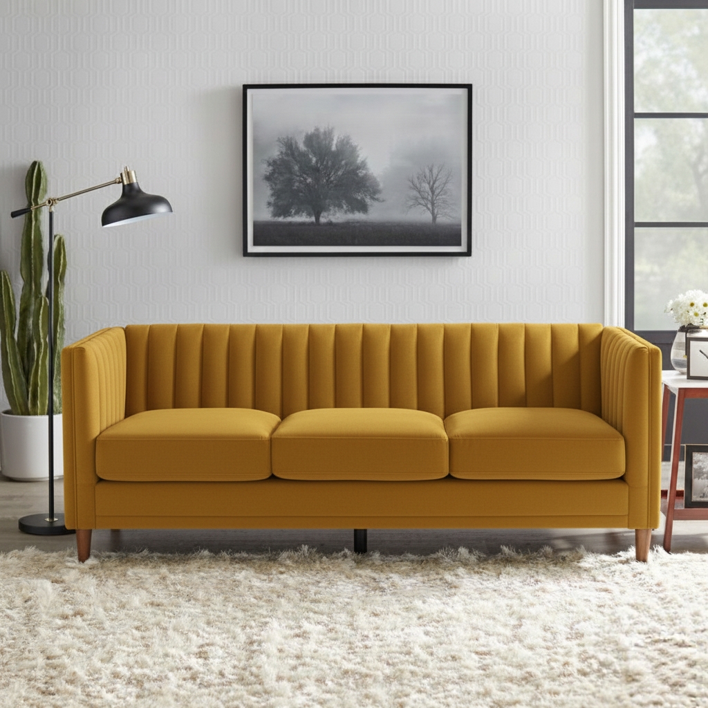 Mustard gold vertical-tufted 3-seater sofa with a modern silhouette and wooden legs.