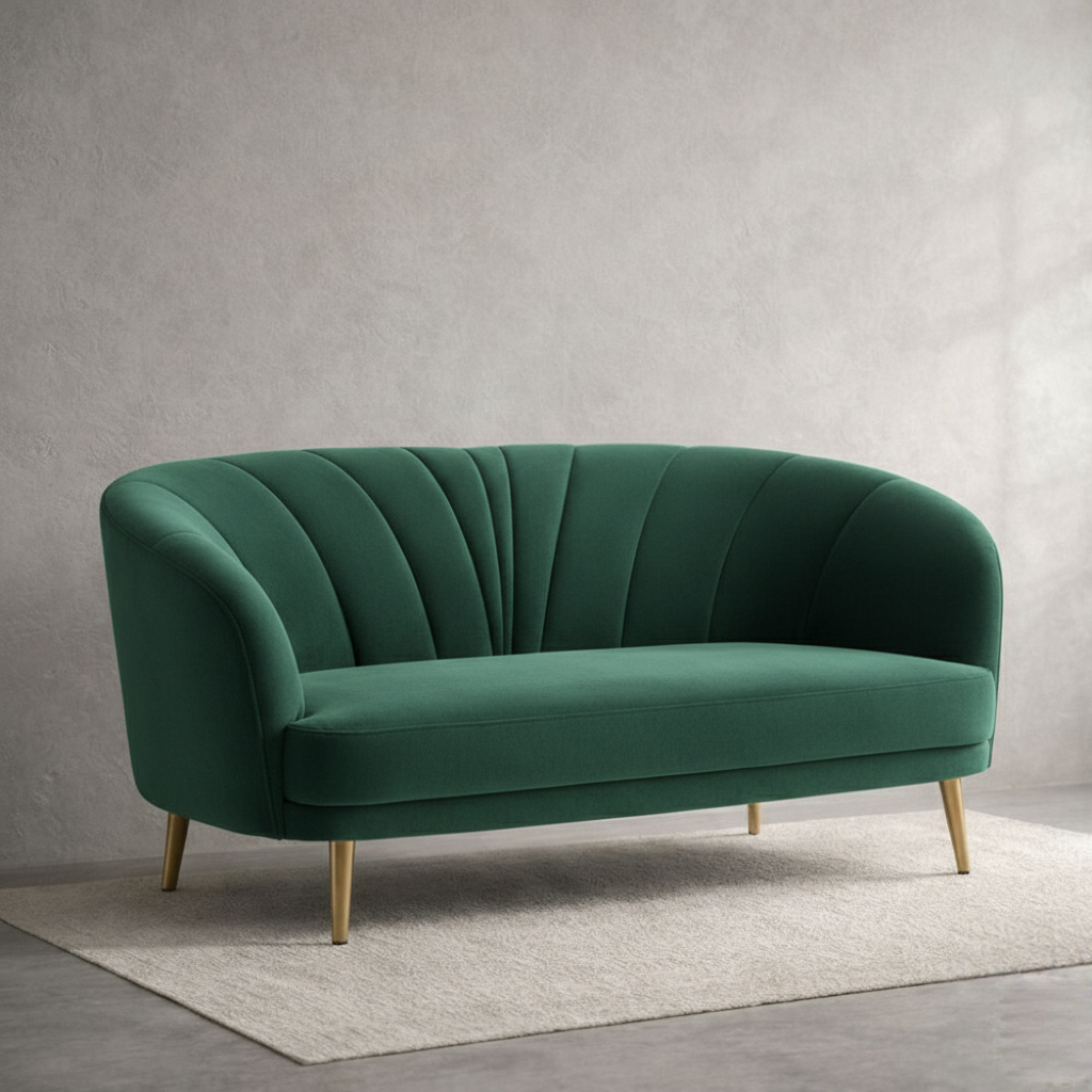 Green velvet curved loveseat with channel-tufted backrest and gold metal legs