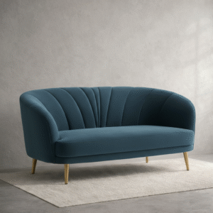 Teal velvet curved loveseat with sculpted tufting and gold metal legs