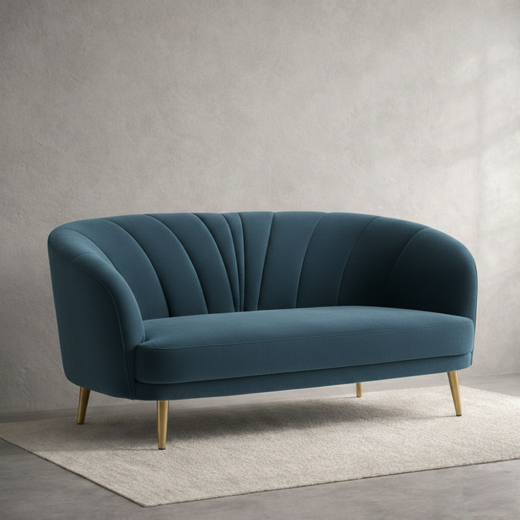 Teal velvet curved loveseat with sculpted tufting and gold metal legs