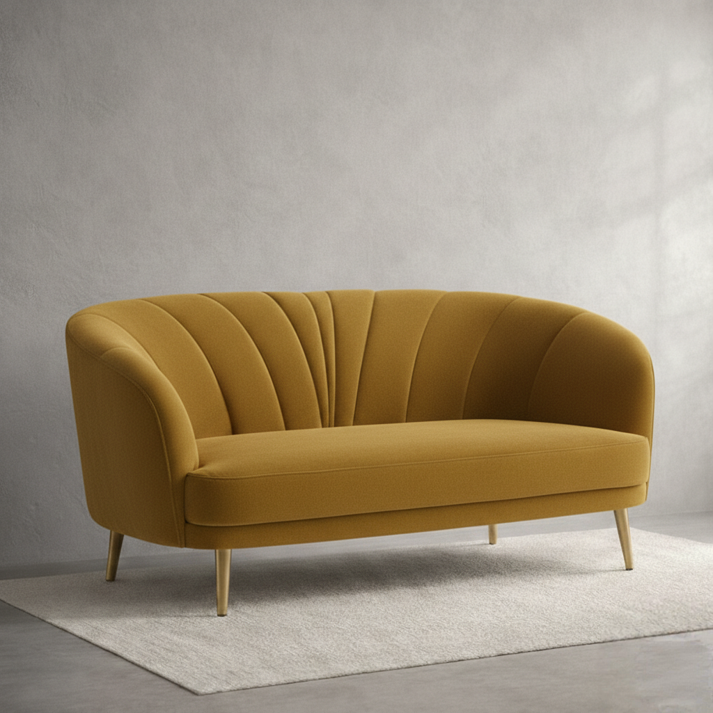 Mustard yellow velvet curved loveseat with modern tufting and gold legs