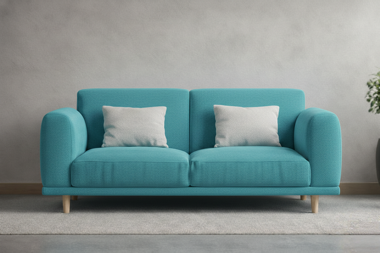 Turquoise 2-seater sofa in a bright minimalist room with wood slat wall, side table and indoor plant.