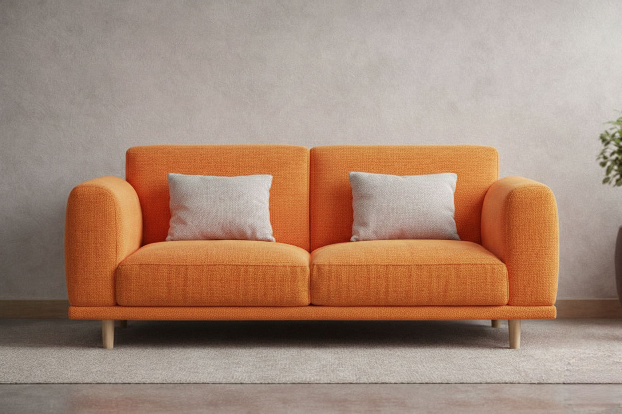 Modern orange 2-seater sofa in a minimal living room with wood accents, side table, lamp and indoor plant.