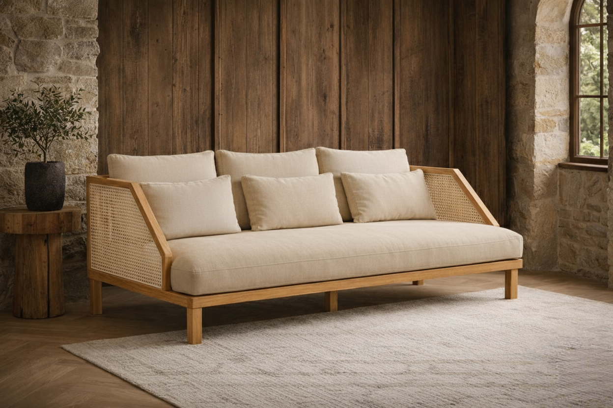 Cream upholstered wooden daybed with cane sides styled in a minimalist light-filled room.