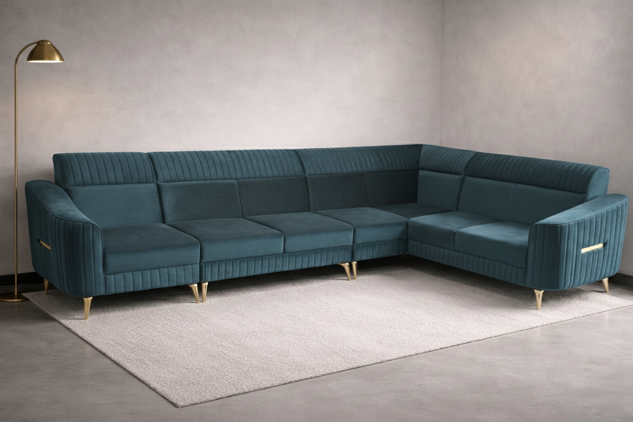 Lorencia Luxe Modular Velvet Sofa in teal by Turtle Vine Interiors