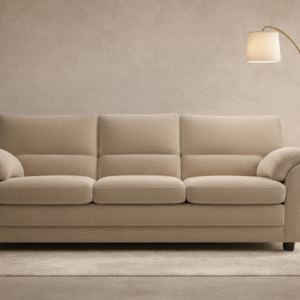 Maranta Plush Sofa Neutral beige fabric sofa with wood coffee table, metal shelf and indoor plant in a minimalist living room.