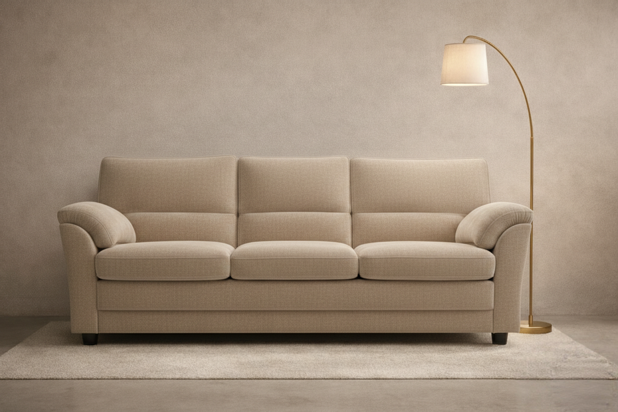 Maranta Plush Sofa Neutral beige fabric sofa with wood coffee table, metal shelf and indoor plant in a minimalist living room.