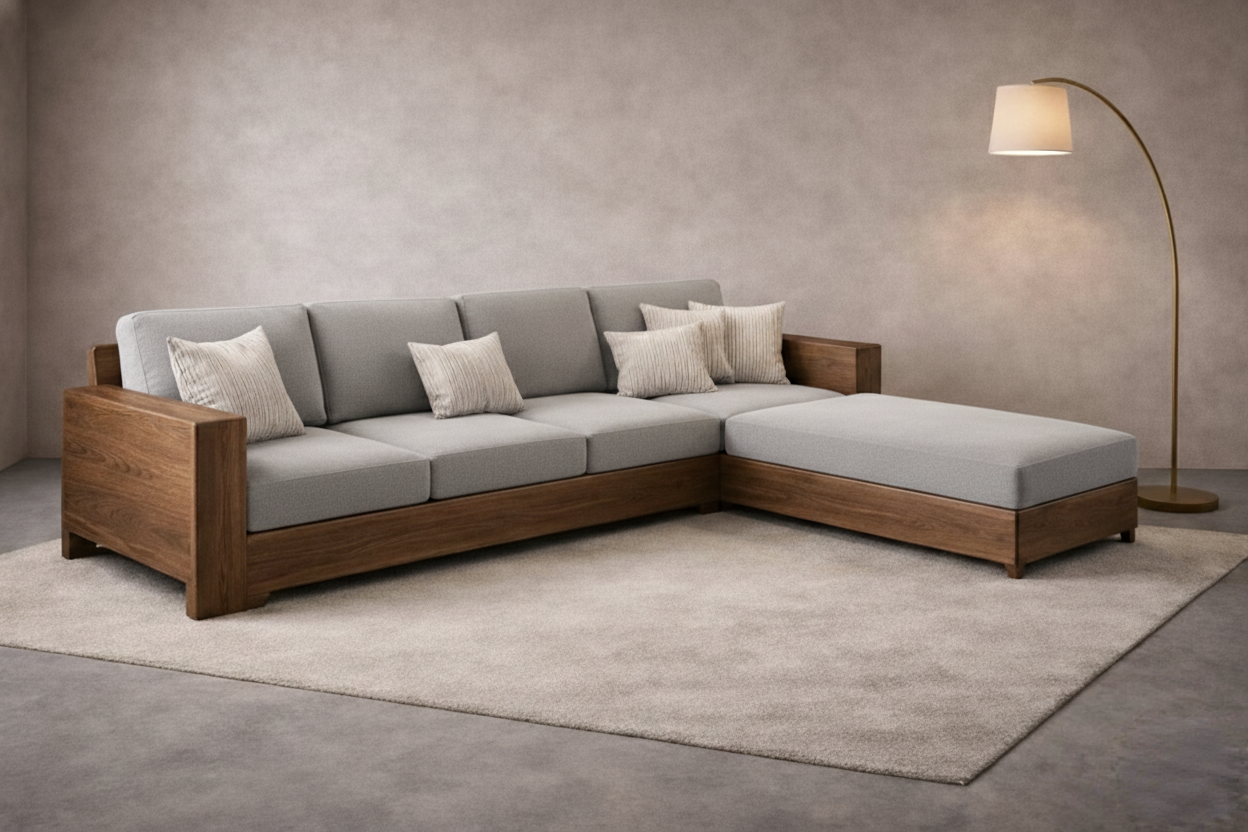 Light grey L-shaped wooden sectional sofa with striped cushions in a bright, modern living room.