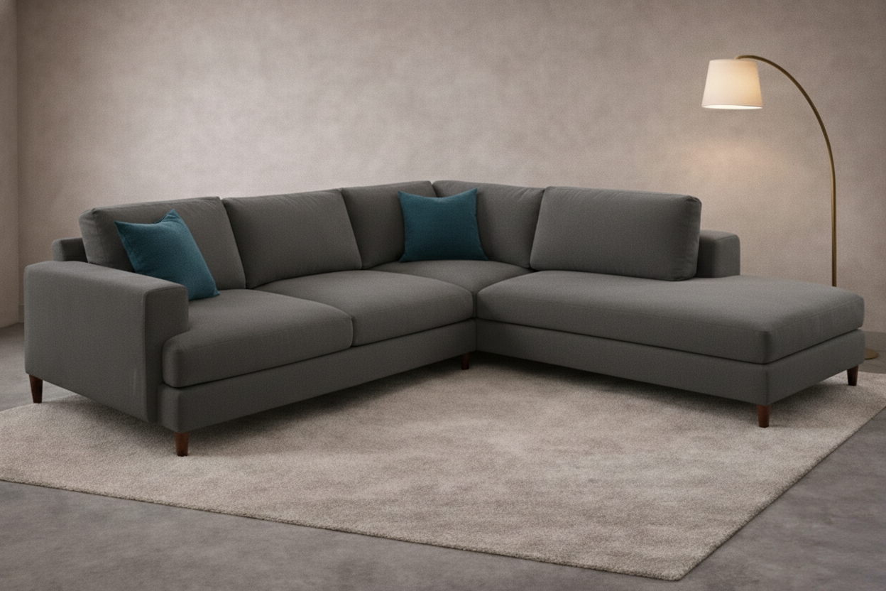 Charcoal grey L-shaped sectional sofa styled with teal cushions in a modern living room.
