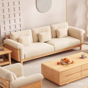 Sorelle Natural Wood Sofa in Beige – Scandinavian minimalist design by Turtle Vine Interiors