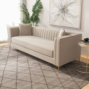 Marvella Linear Tufted Sofa with gold legs by Turtle Vine Interiors