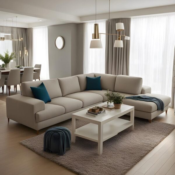 Lysera Modern L-Section Fabric Sofa in beige by Turtle Vine Interiors