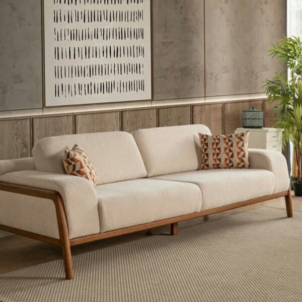 Maru Nordic Wood Sofa with textured upholstery by Turtle Vine Interiors