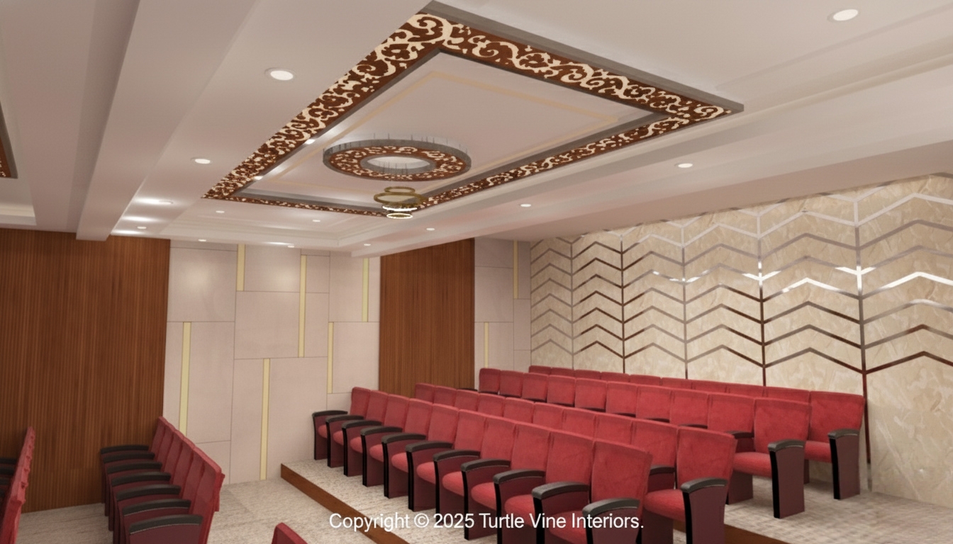 Modern auditorium interior with red upholstered seating, layered acoustic wall panels, decorative false ceiling, and warm wooden accents.