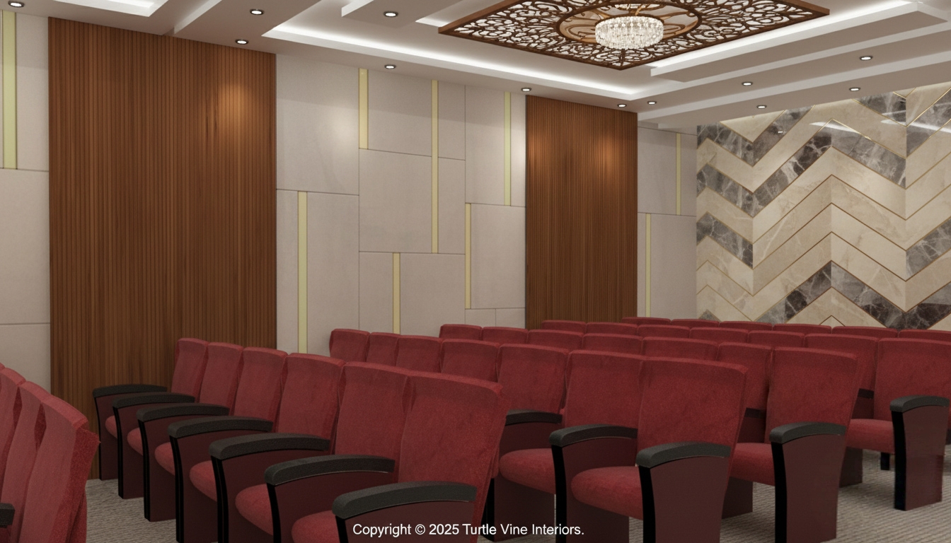 Auditorium interior with red cushioned chairs, geometric marble feature wall, and designer ceiling with chandelier.
