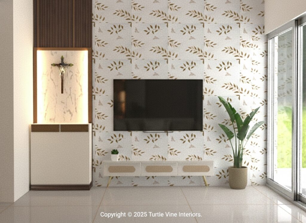 Modern living room with leaf-patterned wallpaper, wall-mounted TV, decorative prayer niche with lighting, and indoor plant near sliding glass doors.