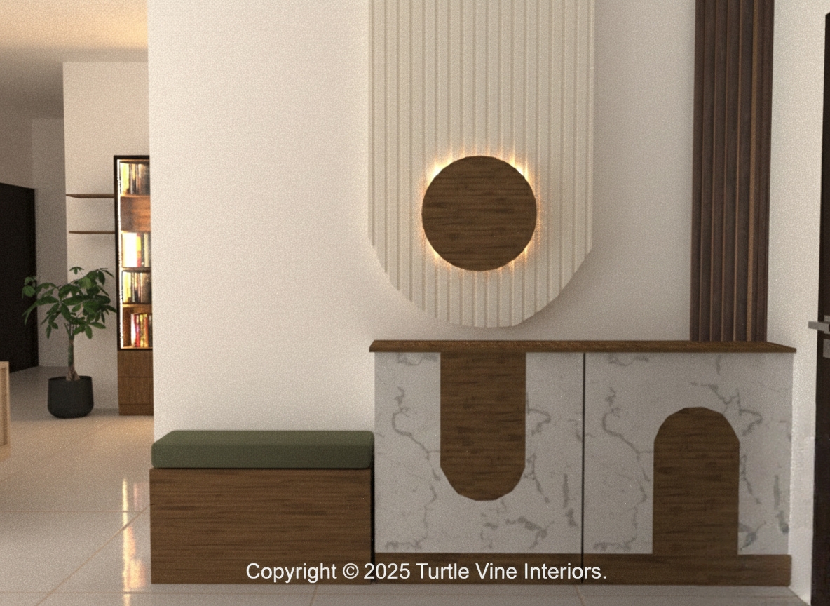 Contemporary entryway with marble and wood console unit, wall-mounted decorative panel with backlighting, and a cushioned wooden bench.