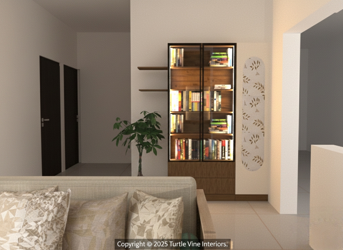 Modern living room corner with illuminated wooden bookshelf, indoor plant, wall-mounted shelves, and patterned cushion sofa.