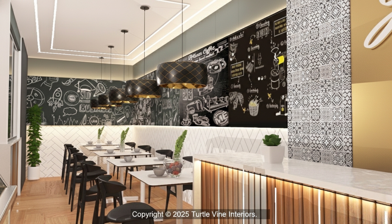 Café dining area with long white tables, black chairs, chalkboard-style wall art, and modern pendant lighting.