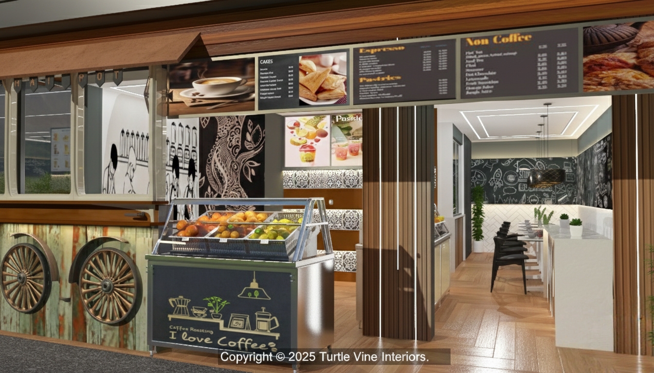 Café entrance with pastry display counter, wall art panels, and a warm, inviting interior leading into the seating area.