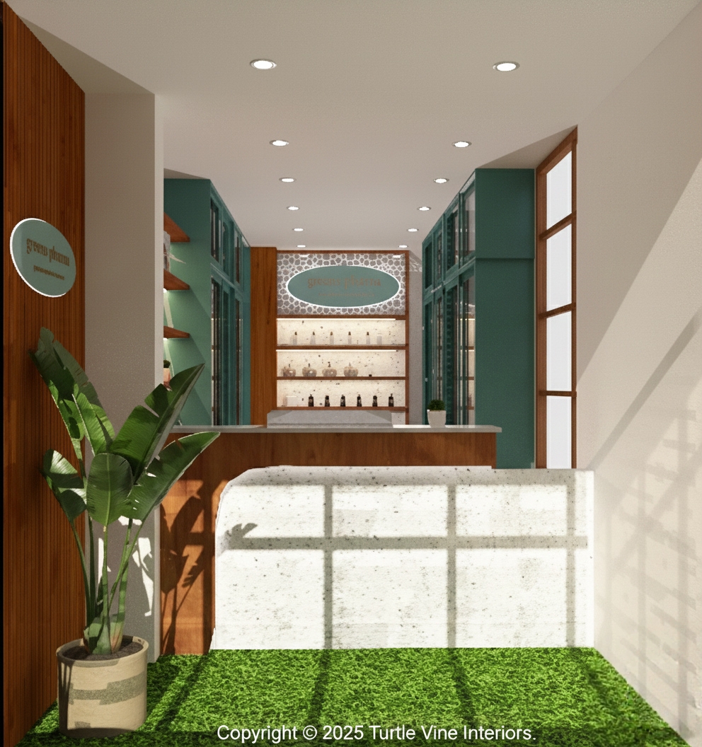 Modern pharmacy reception area with wooden accents, green tones, and minimalist interior design.