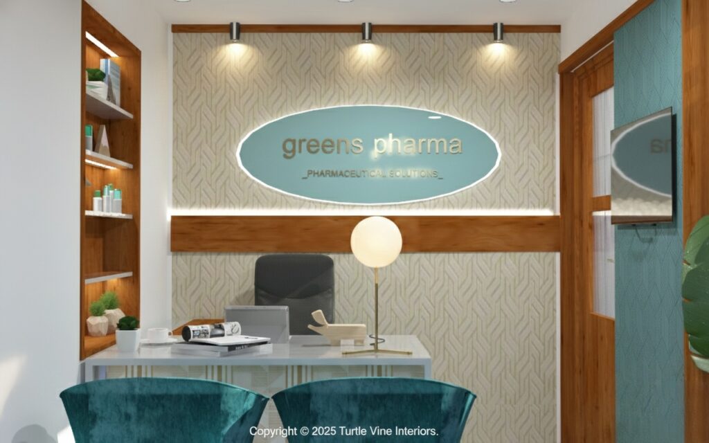Pharmacy consultation cabin with teal branding panel, modern desk, and wooden feature elements.