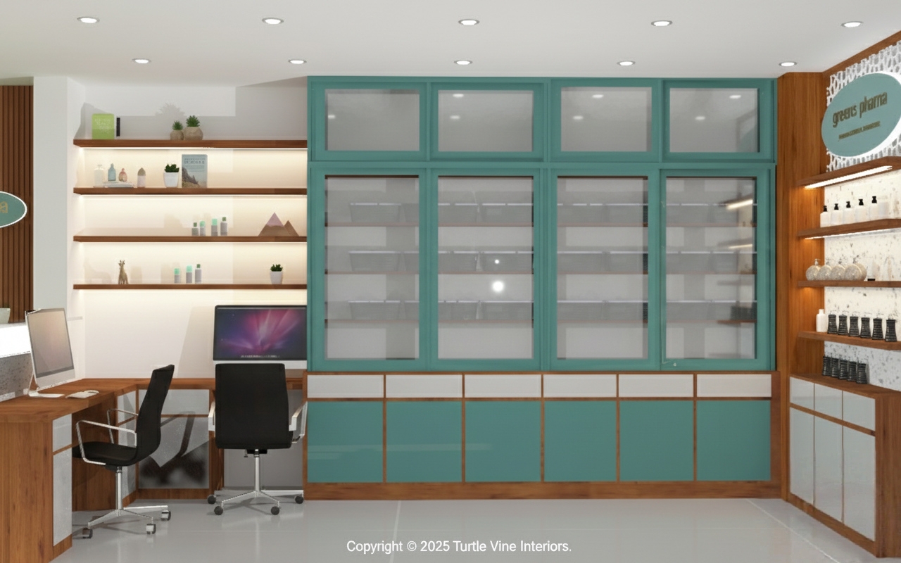 Pharmacy interior with teal-framed glass storage cabinets and illuminated display shelving.