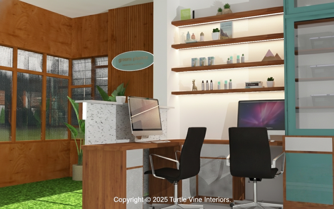 Pharmacy workstation with dual desks, illuminated wooden shelves, and modern interior finishing.
