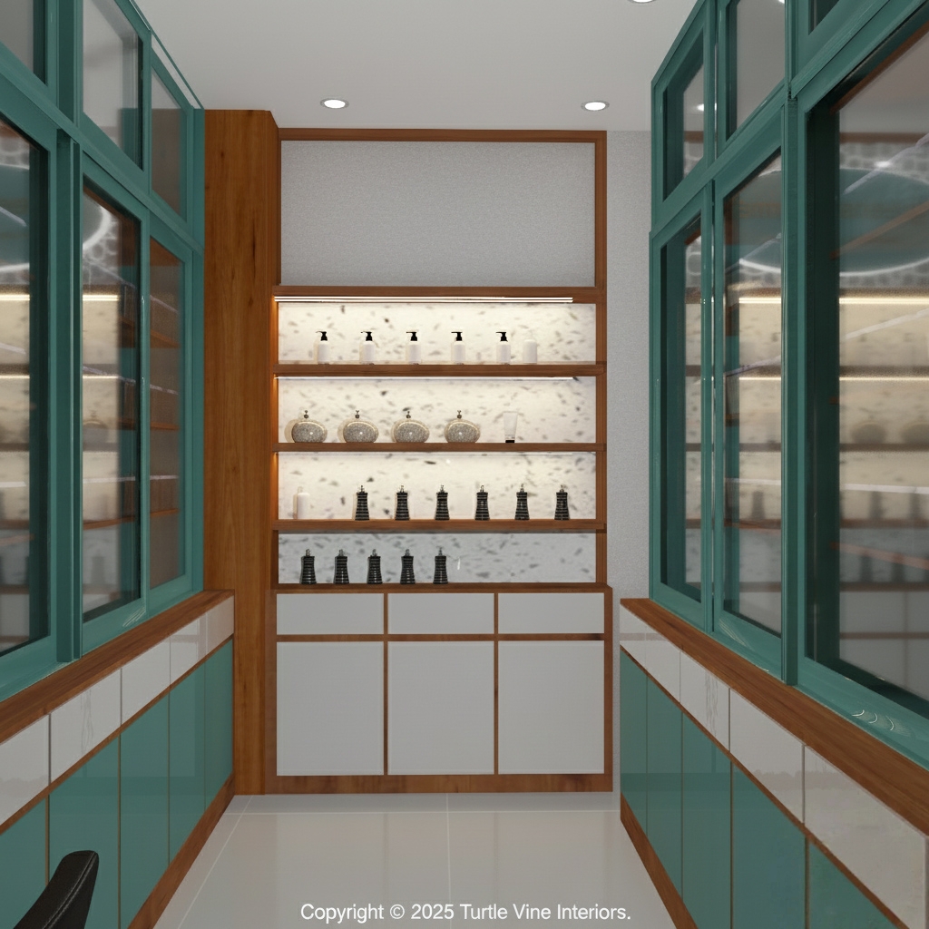 Compact pharmacy storage area with wooden shelves, marble-textured backdrop, and modern cabinetry.