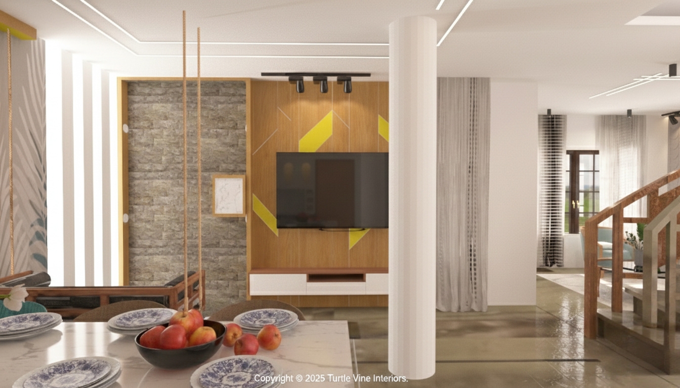 This auditorium view highlights a premium seating zone framed by contemporary interior elements. Red upholstered theatre chairs contrast elegantly with the striking chevron-patterned marble feature wall. Vertical acoustic slats and geometric wall panels enhance both aesthetics and sound performance. A designer ceiling with recessed lighting and a central chandelier adds sophistication, making this space perfect for high-profile gatherings and performances.