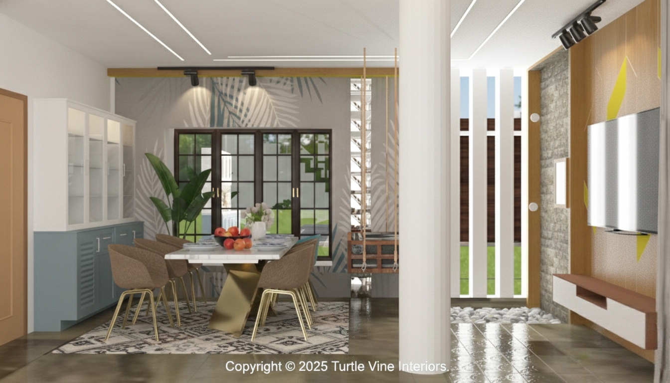 Modern dining room with marble-top table, patterned rug, tropical wall art, and rope-suspended wooden swing near the window.