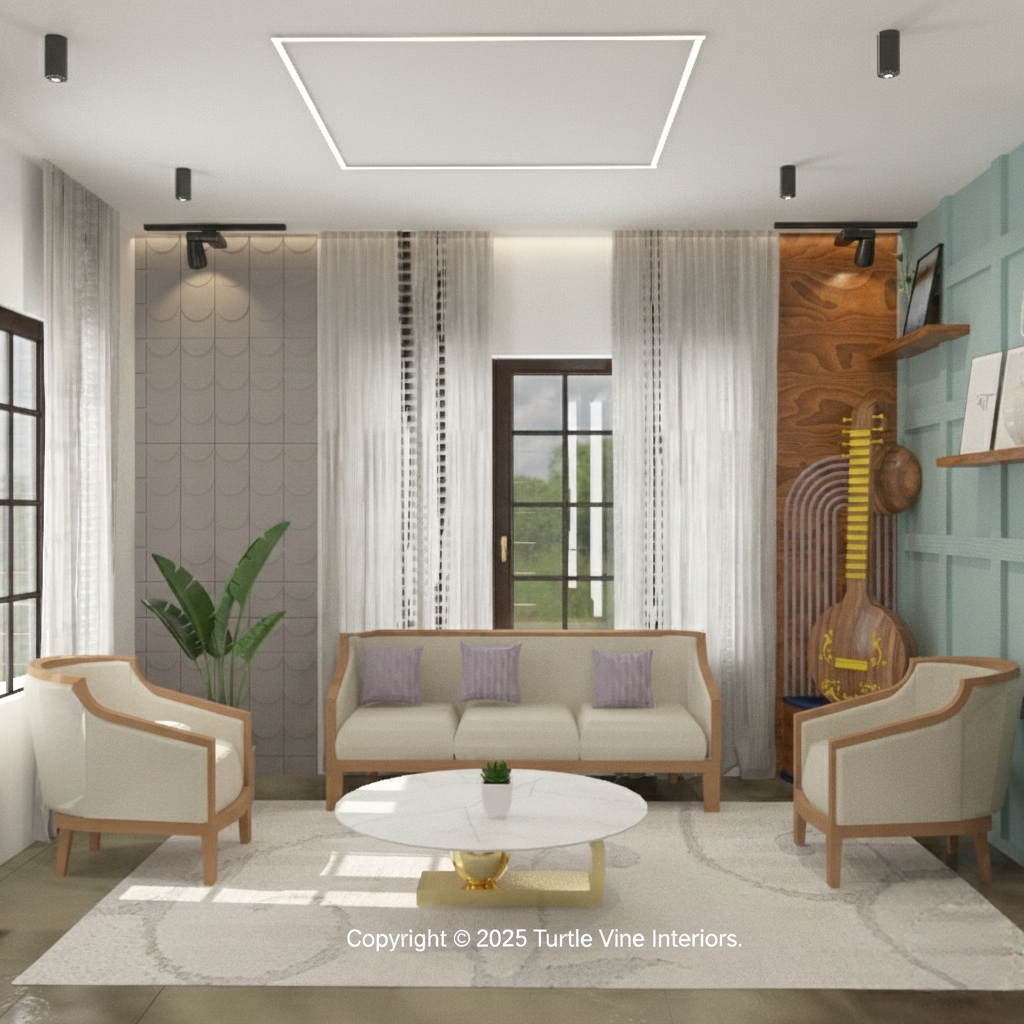 Bright living room with beige wooden-framed sofas, large windows, soft curtains, and a marble coffee table on a patterned rug.