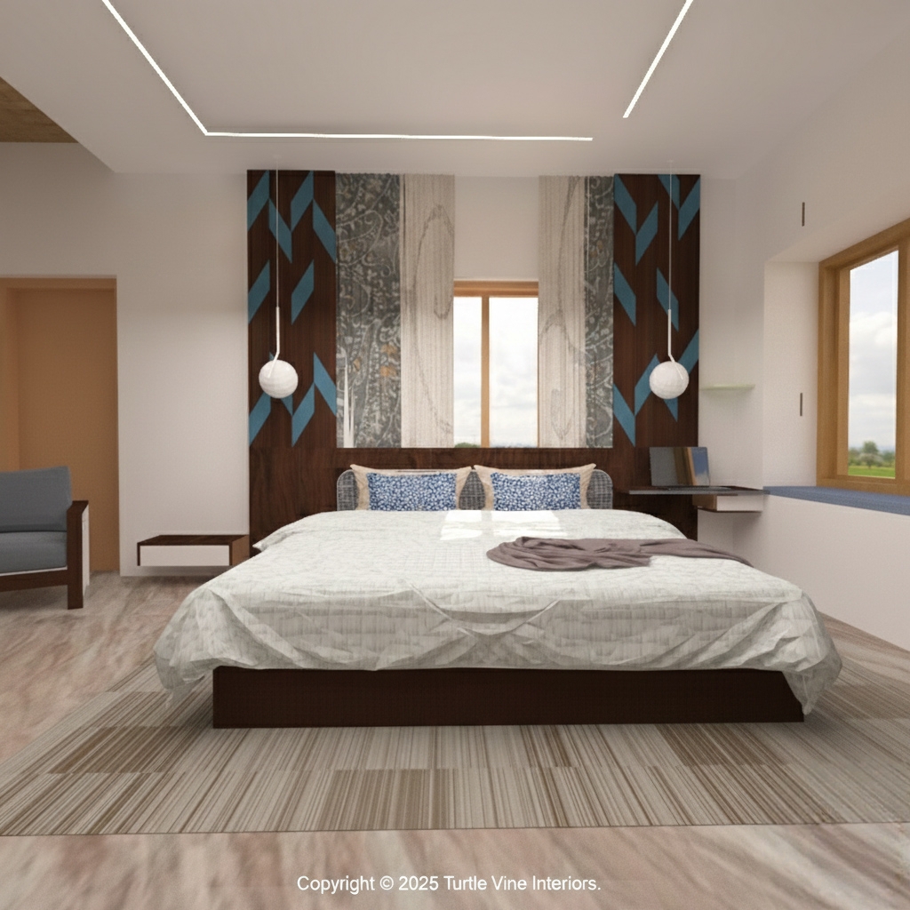 Spacious master bedroom with a statement wooden headboard featuring blue geometric accents, pendant lamps, and large windows.